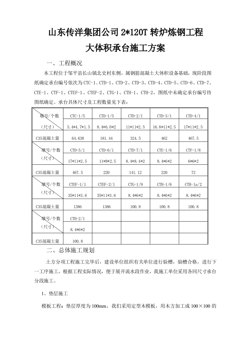 传洋集团公司120T转炉基础承台专项施工方案