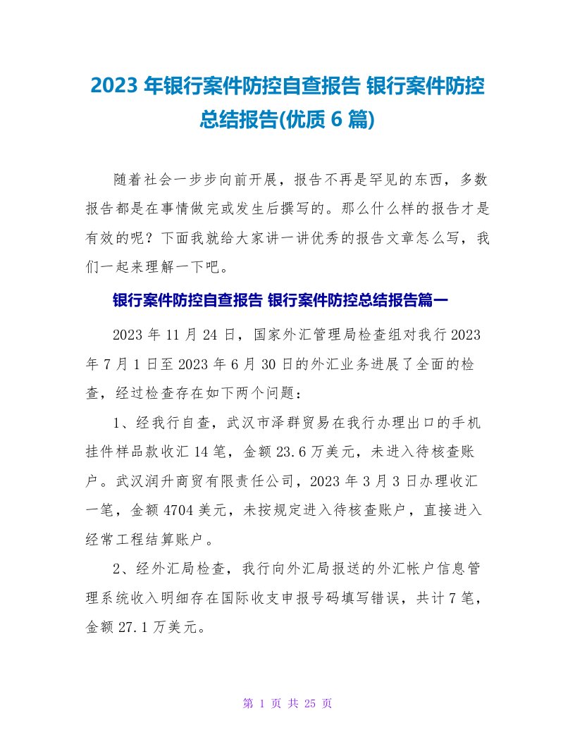 2023年银行案件防控自查报告银行案件防控总结报告(优质6篇)