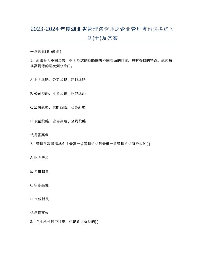 2023-2024年度湖北省管理咨询师之企业管理咨询实务练习题十及答案