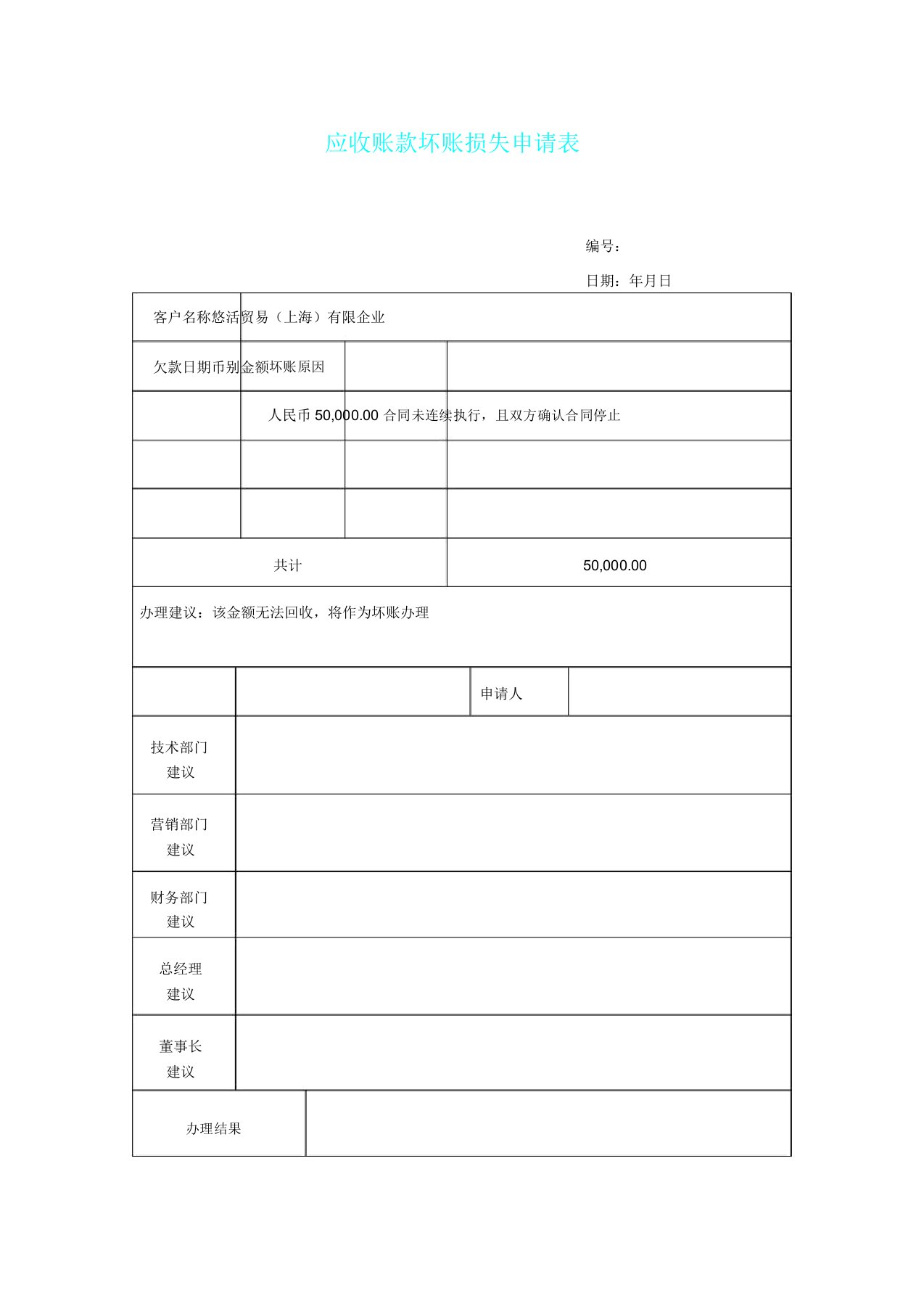 应收账款坏账损失申请表格