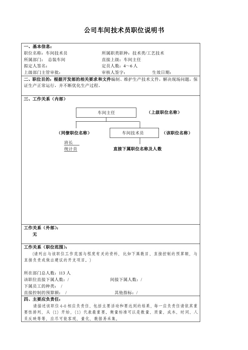 生产管理--某大型汽车零部件公司车间技术员职位说明书