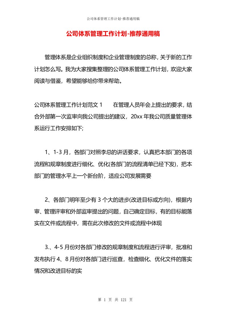 公司体系管理工作计划