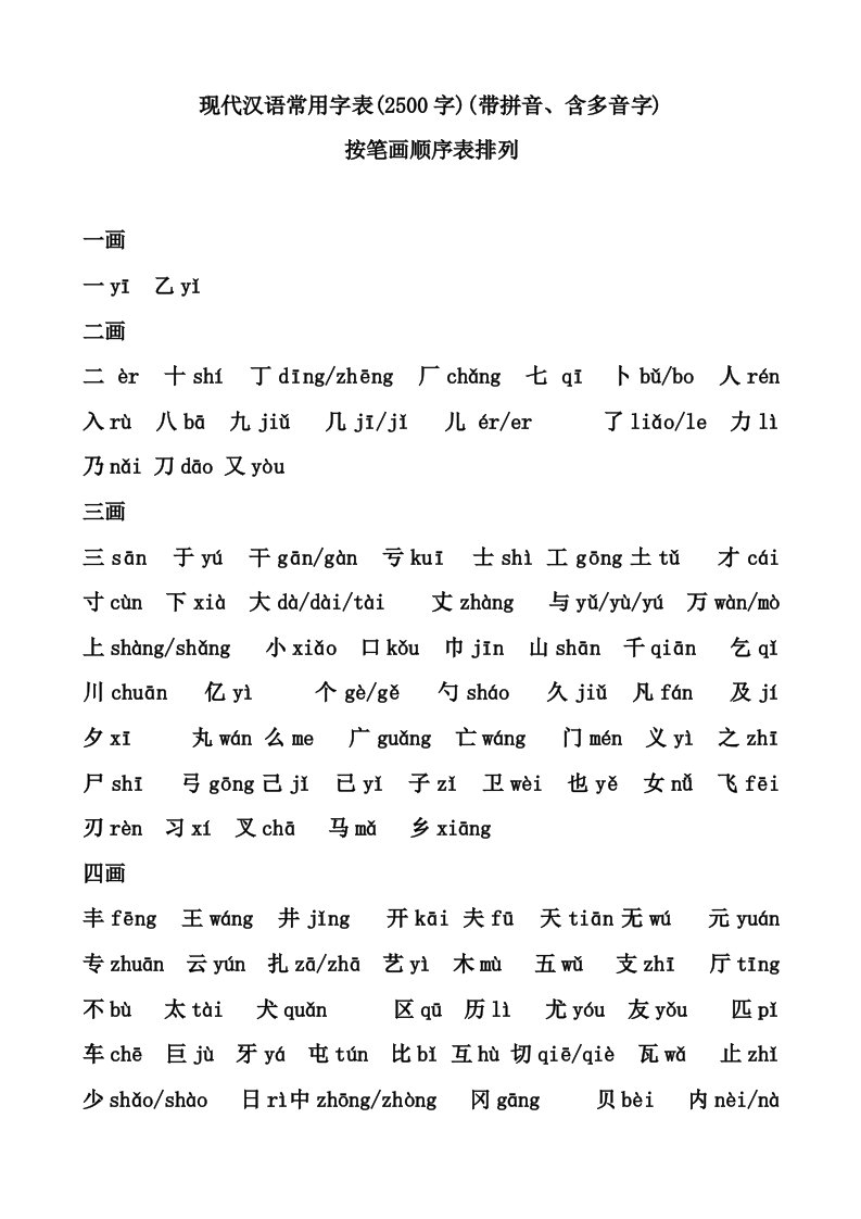 现代汉语常用字表(500字)(带拼音、含多音字)按笔画顺序表排列