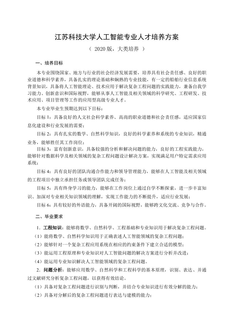 江苏科技大学人工智能专业人才培养方案