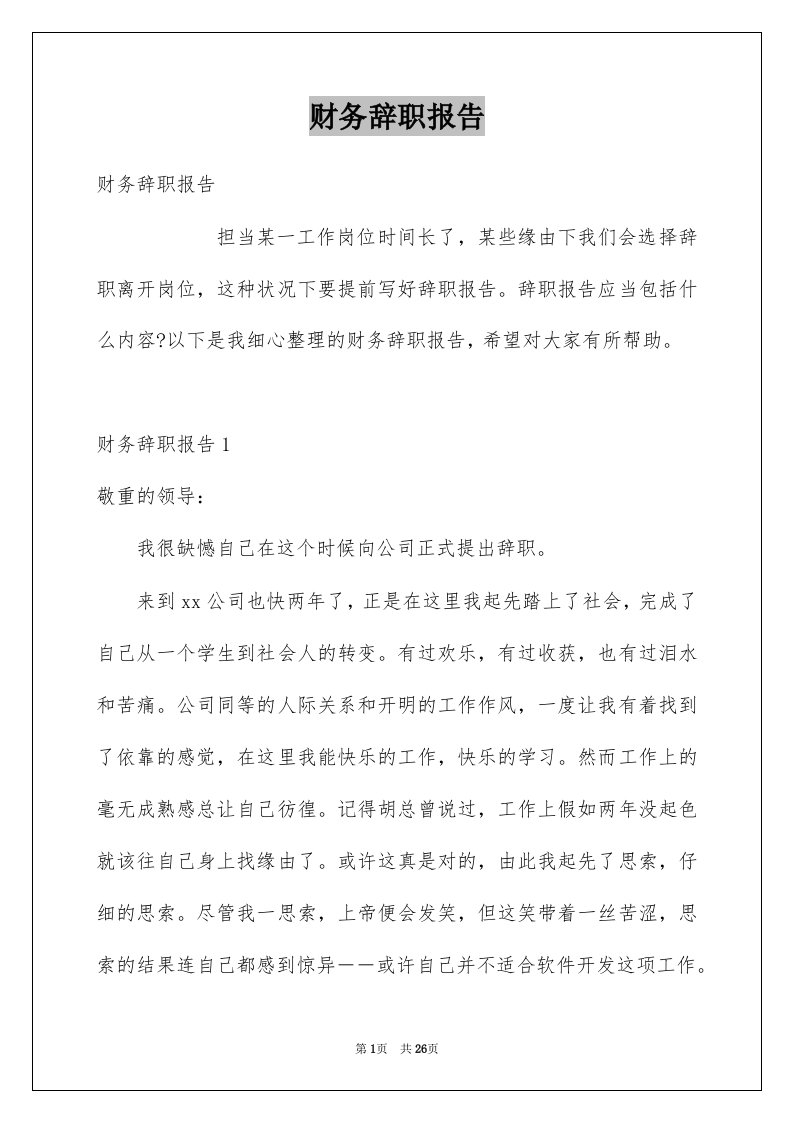 财务辞职报告例文6