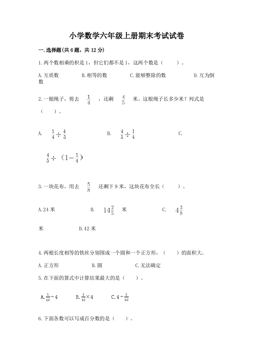 小学数学六年级上册期末考试试卷精品（夺冠）