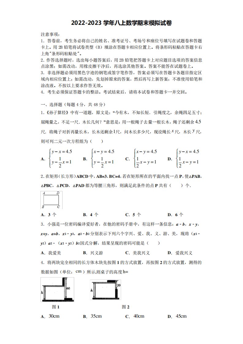 山东省德州市平原县2024（突破训练）023学年八年级数学第一学期期末统考试题含解析精品