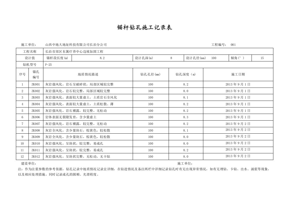 锚杆钻孔施工记录表