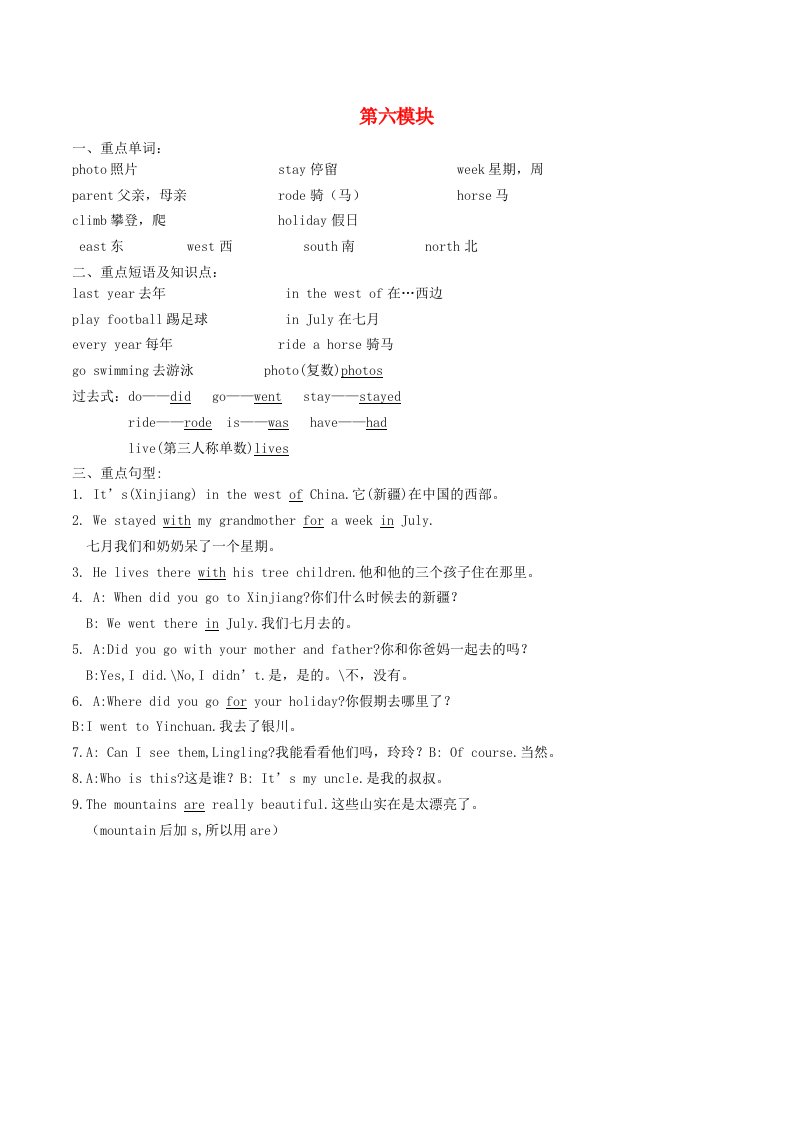 2020春五年级英语下册Module6模块知识梳理外研版三起