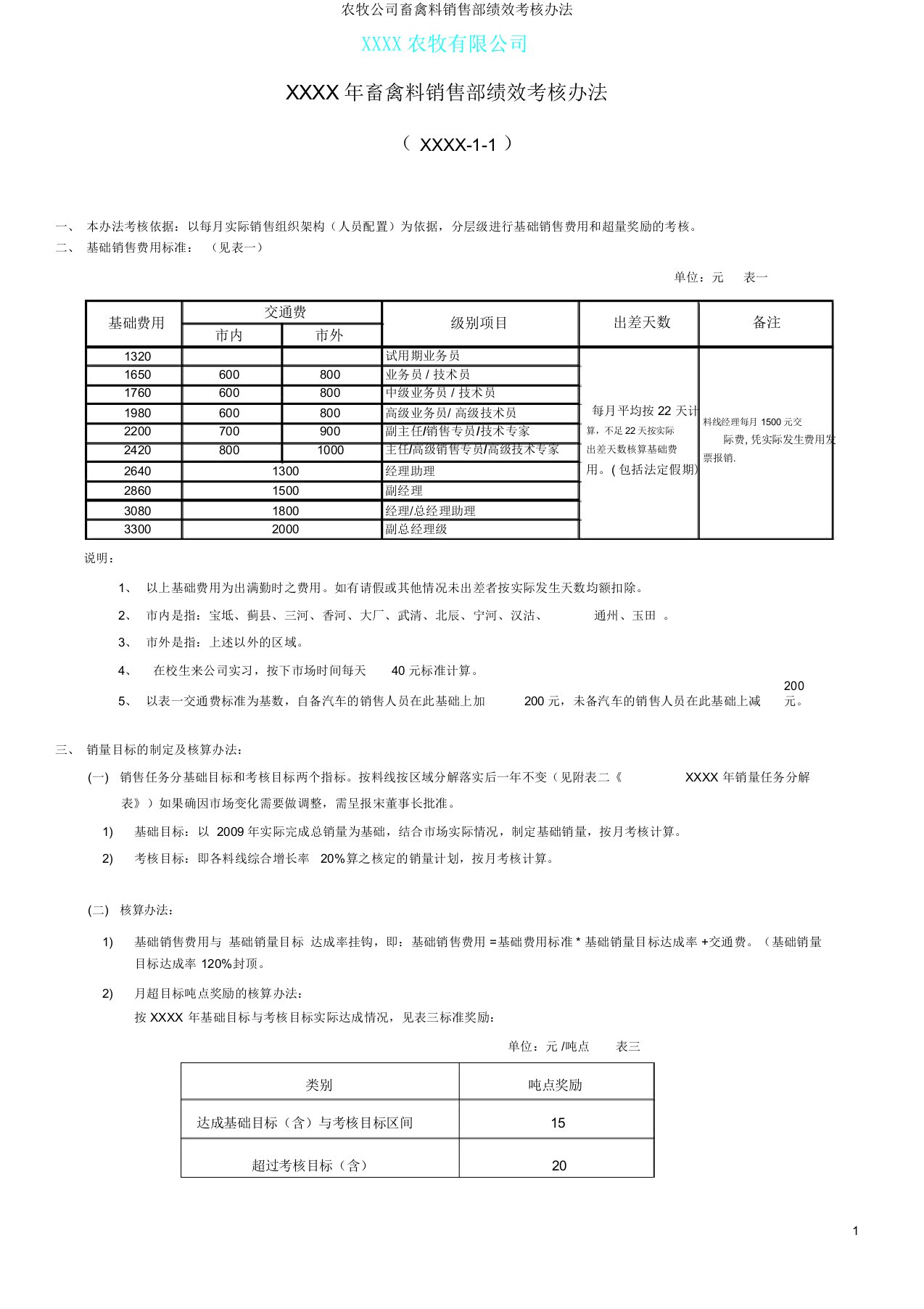 农牧公司畜禽料销售部绩效考核办法