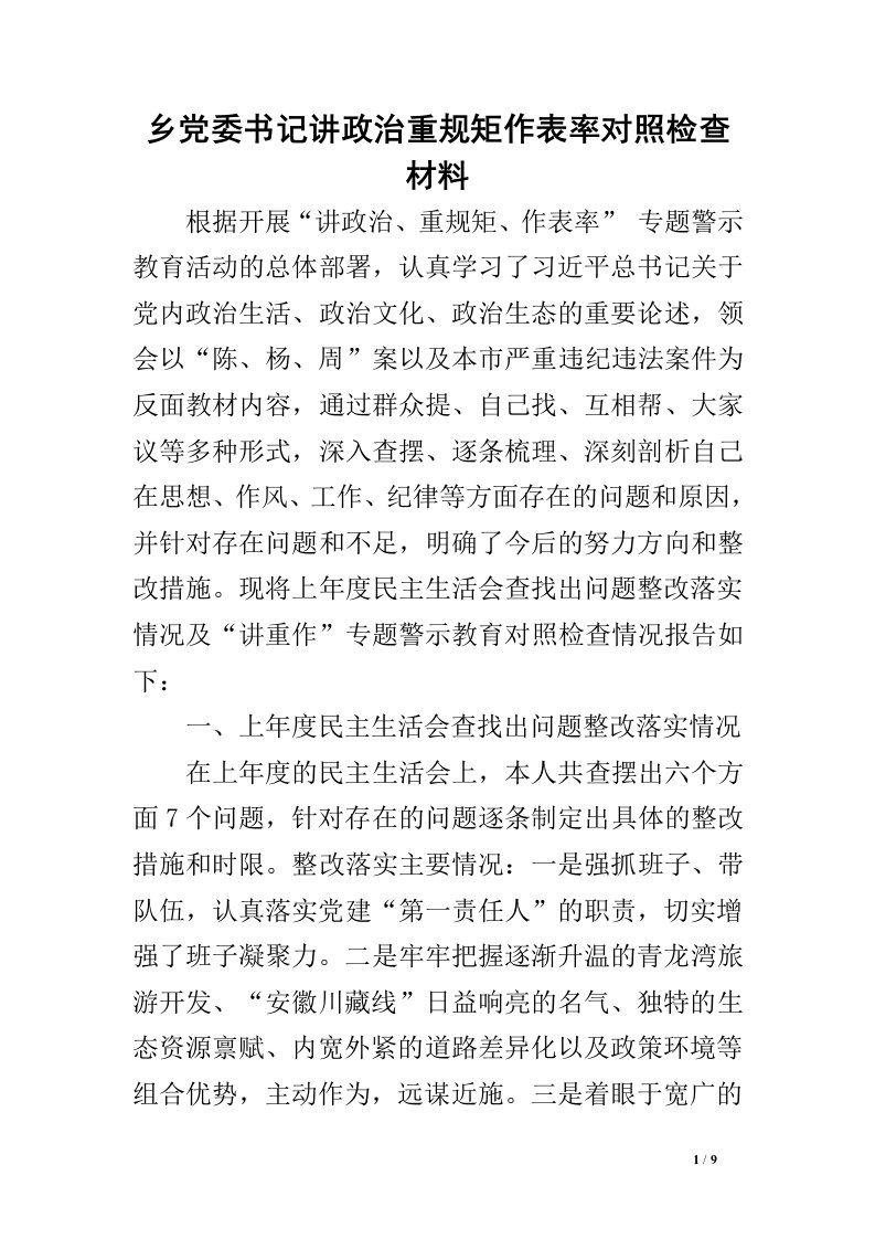 乡党委书记讲政治重规矩作表率对照检查材料.doc