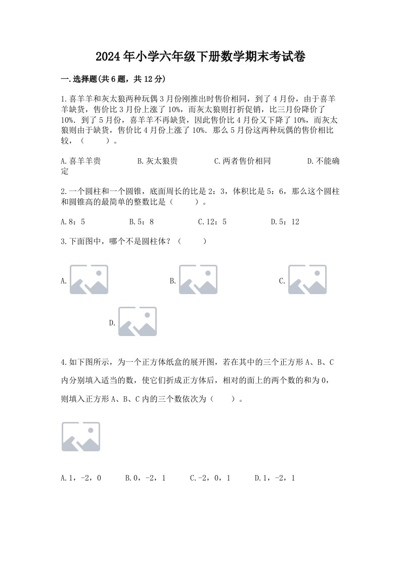 2024年小学六年级下册数学期末考试卷（研优卷）