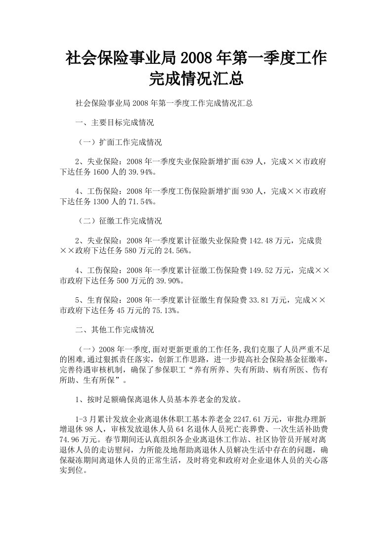 社会保险事业局2008年第一季度工作完成情况汇总