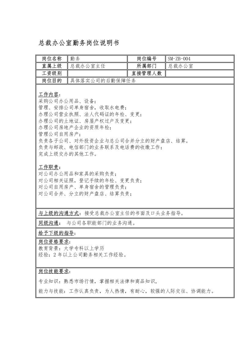 总裁办公室勤务岗位说明书