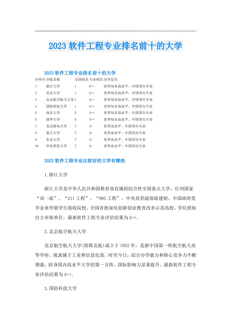 软件工程专业排名前十的大学