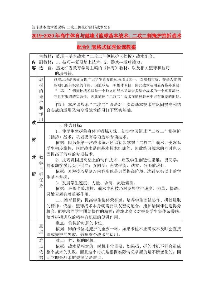 2019-2020年高中体育与健康《篮球基本战术：二攻二侧掩护挡拆战术配合》表格式优秀说课教案