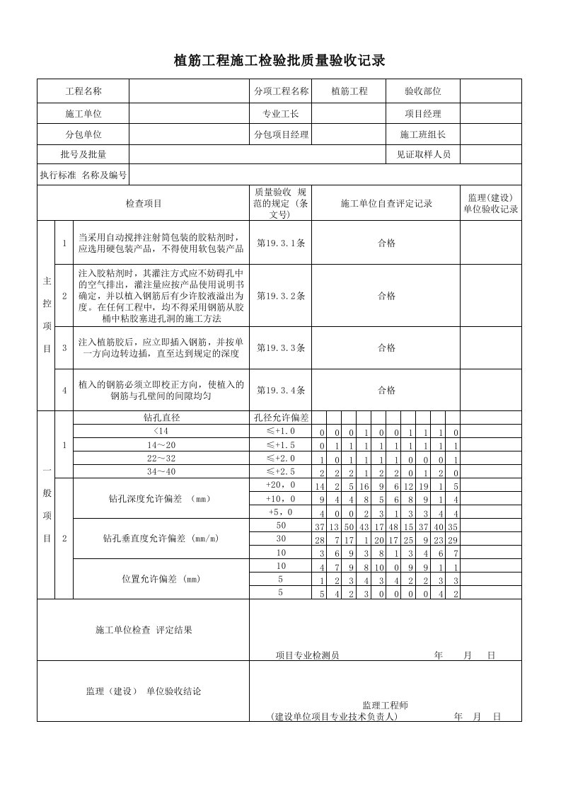 植筋工程施工检验批验收记录