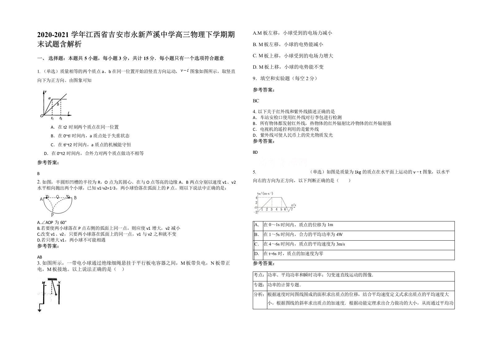 2020-2021学年江西省吉安市永新芦溪中学高三物理下学期期末试题含解析