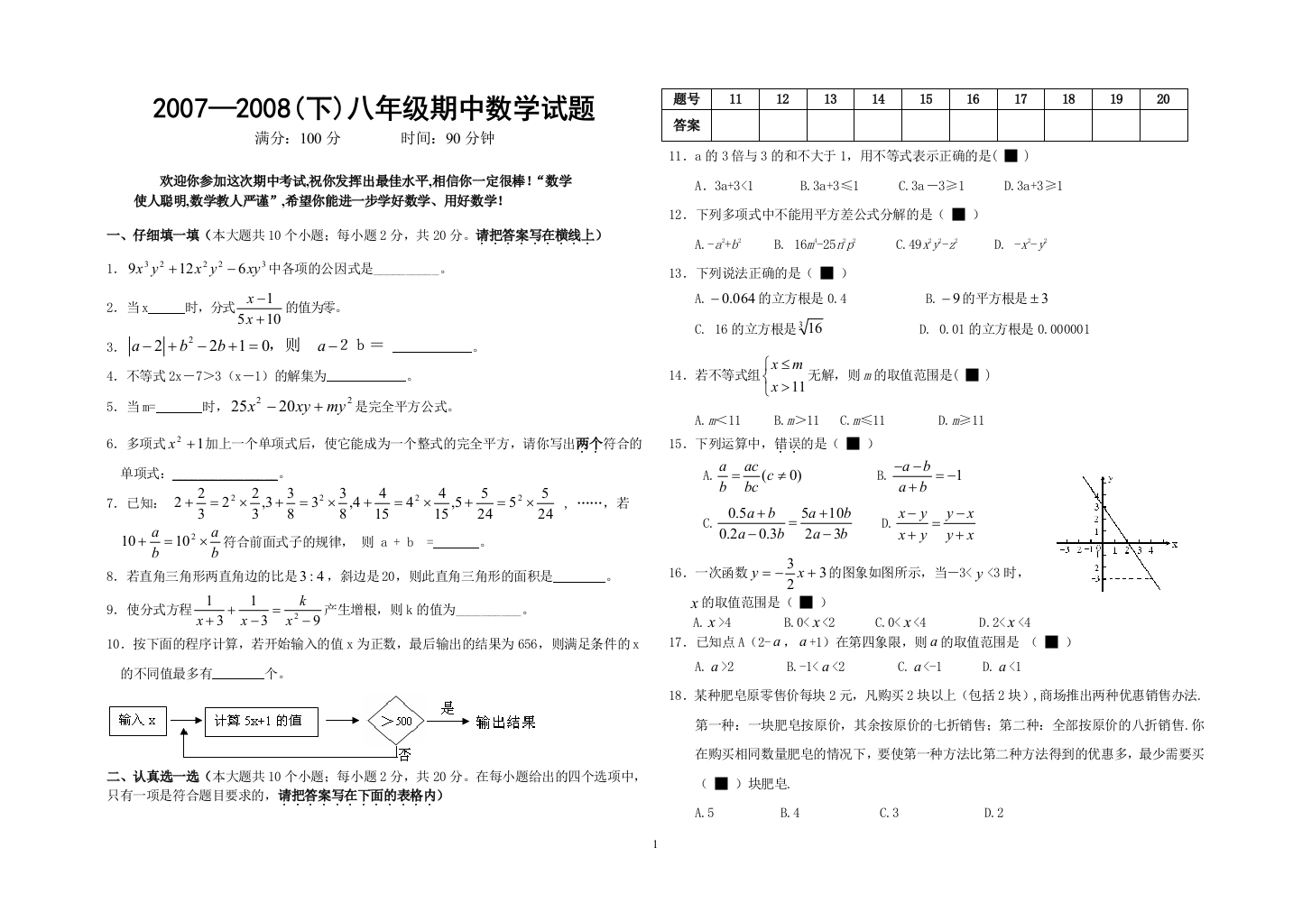 【小学中学教育精选】2007—2008八（下）数学期中试题