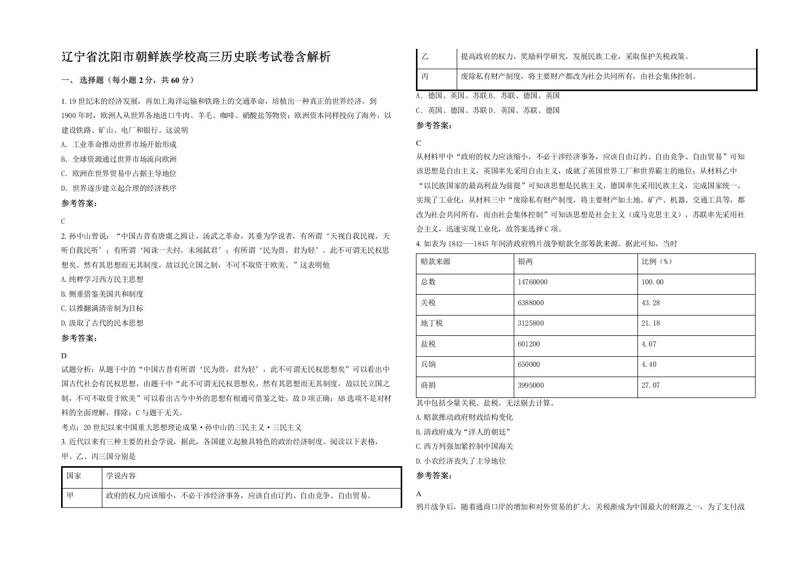 辽宁省沈阳市朝鲜族学校高三历史联考试卷含解析