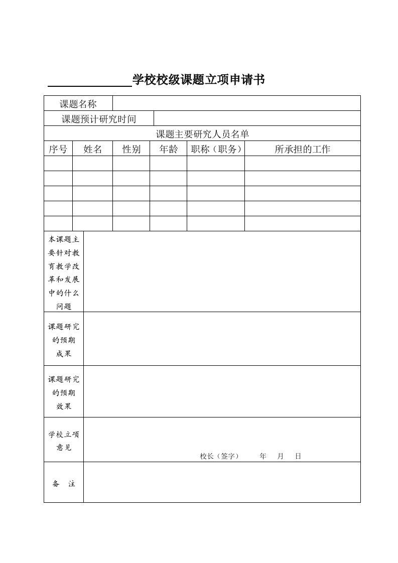 学校校级课题立项申请书、结题鉴定书