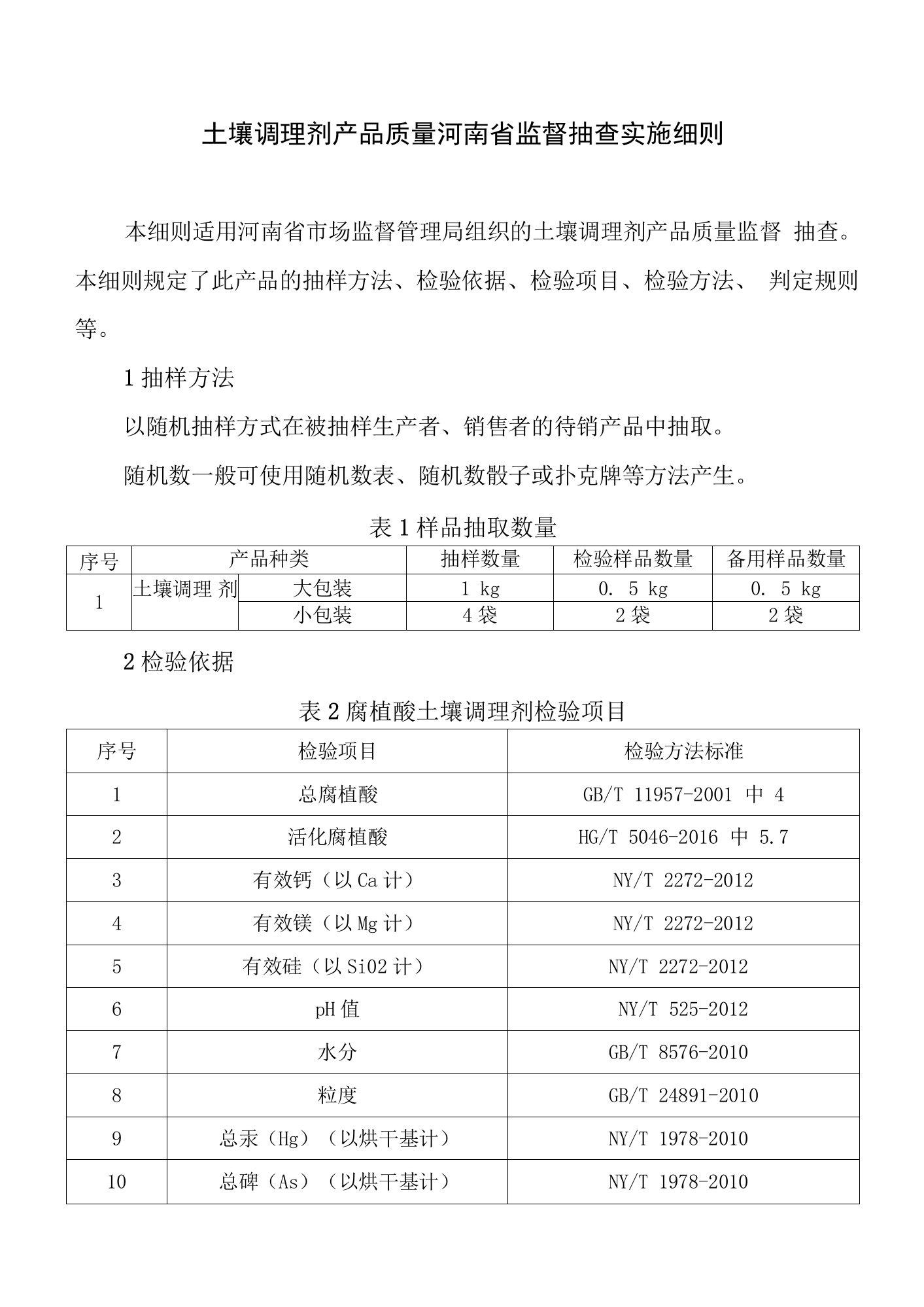 土壤调理剂产品质量河南省监督抽查实施细则