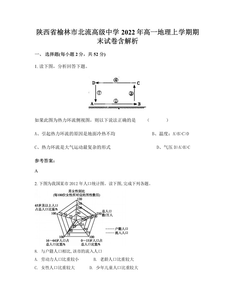 陕西省榆林市北流高级中学2022年高一地理上学期期末试卷含解析