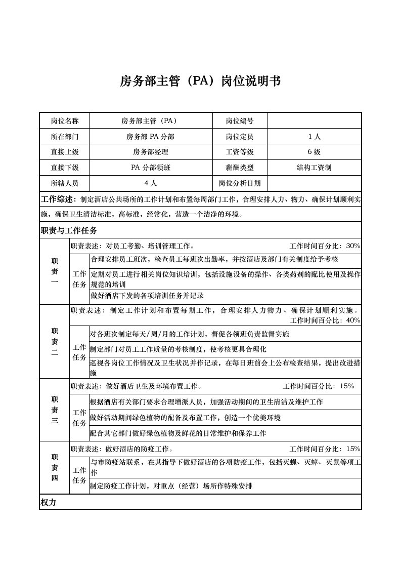 房务部主管（pa）岗位说明书