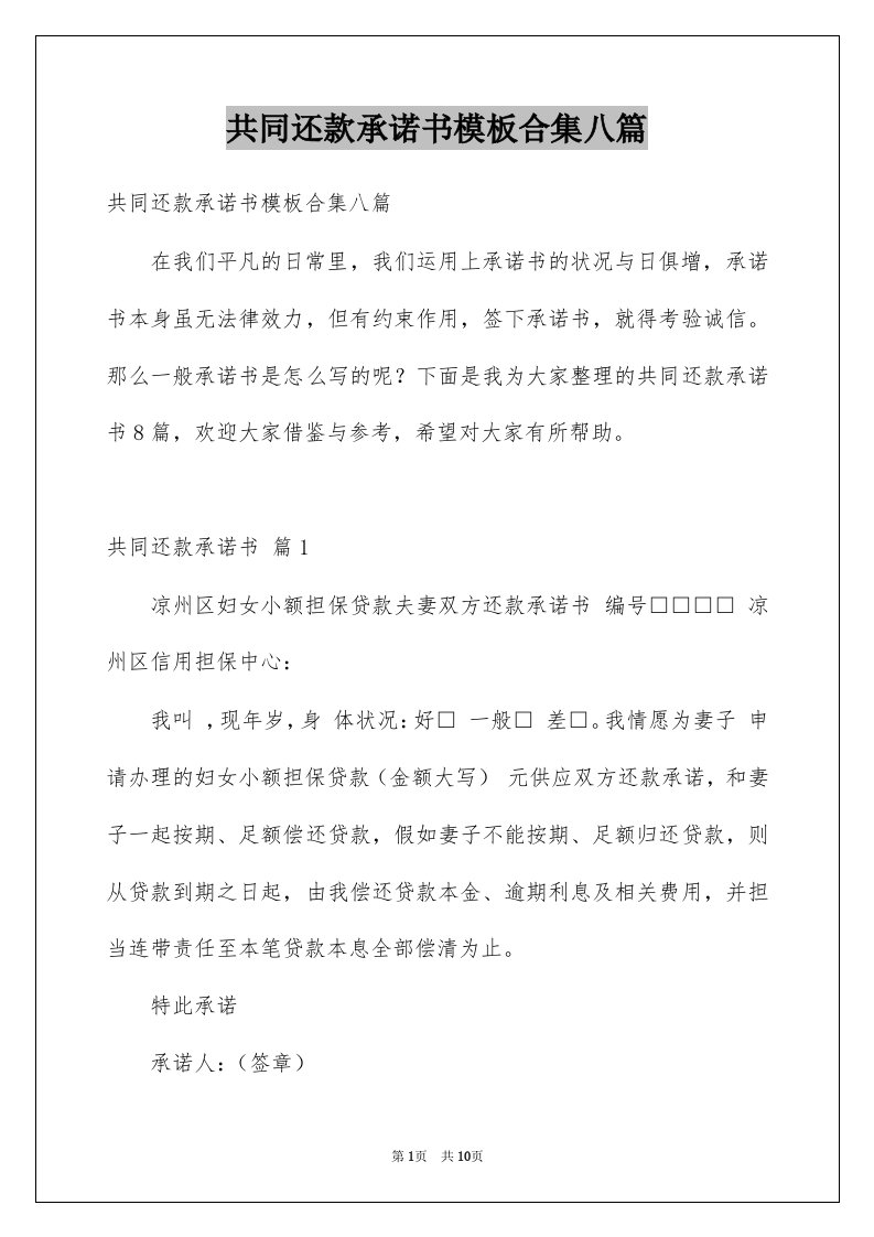 共同还款承诺书模板合集八篇