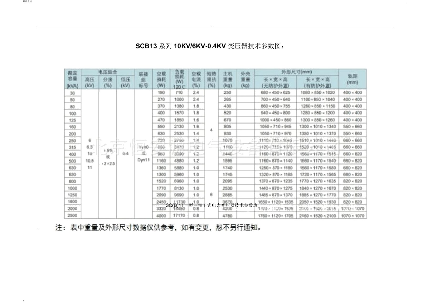 SCB11干式变压器技术参数