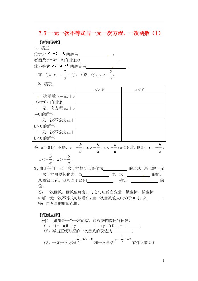 2013年八年级数学下册7.7一元一次不等式与一元一次方程一次函数第1课时同步练习无答案苏科版