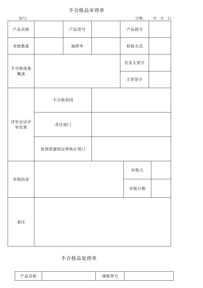 不合格品审理单、处理单