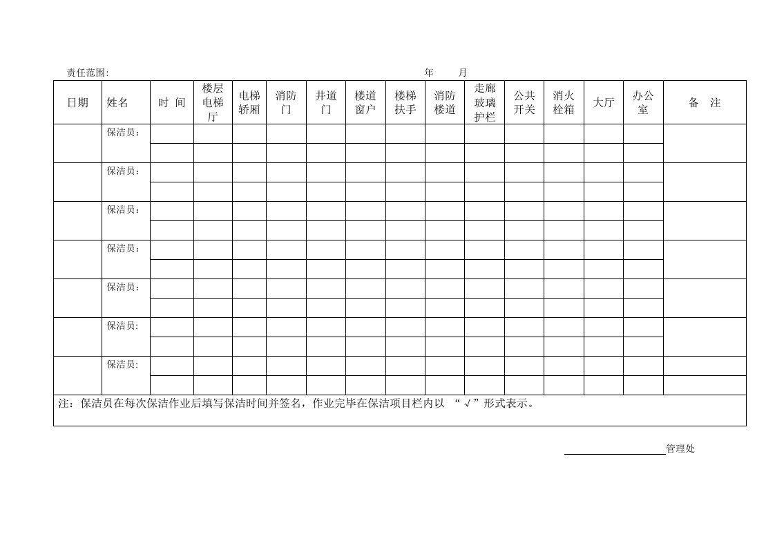楼层保洁签到表