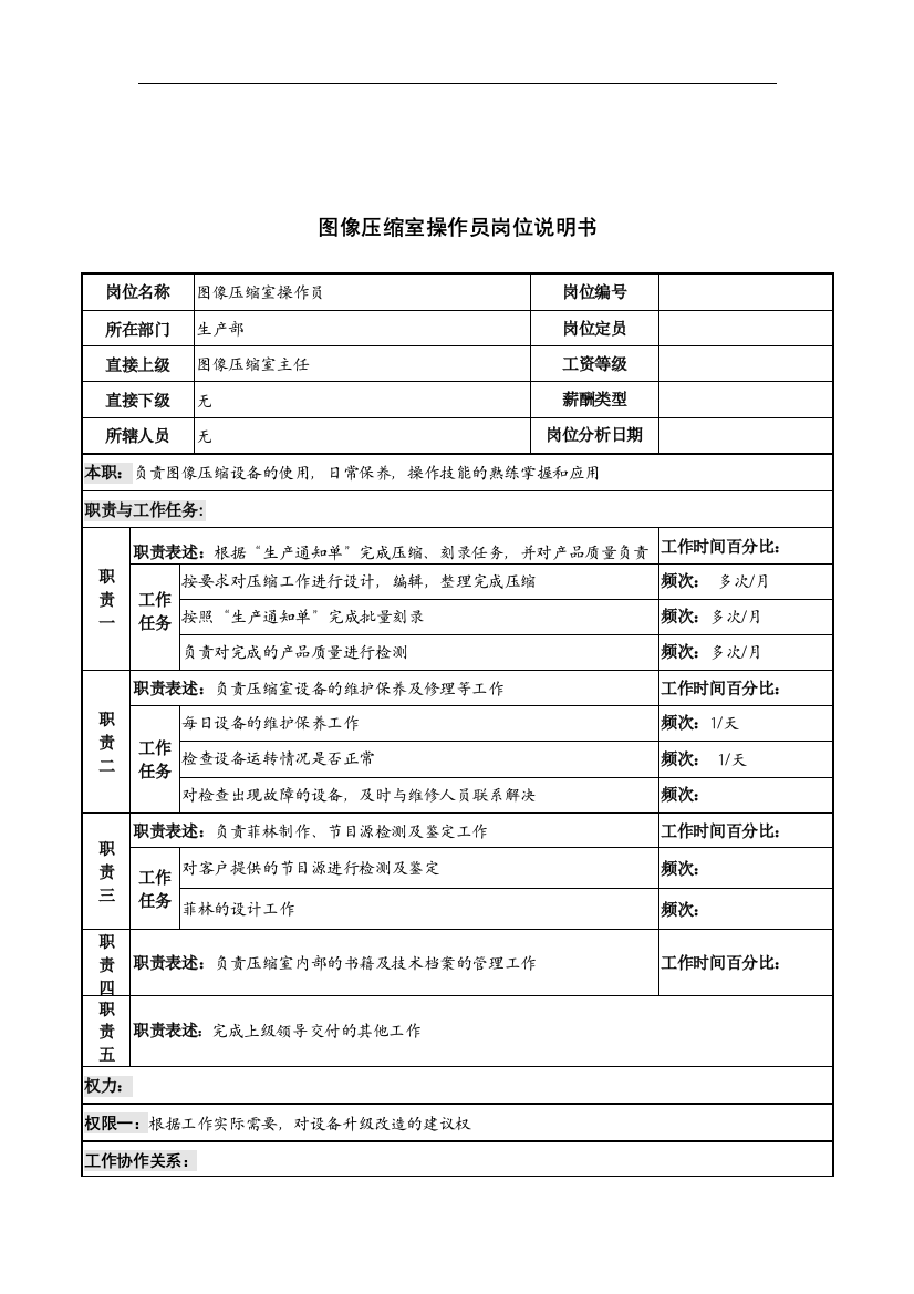 河北纪元光电公司生产部图像压缩室操作员岗位说明书