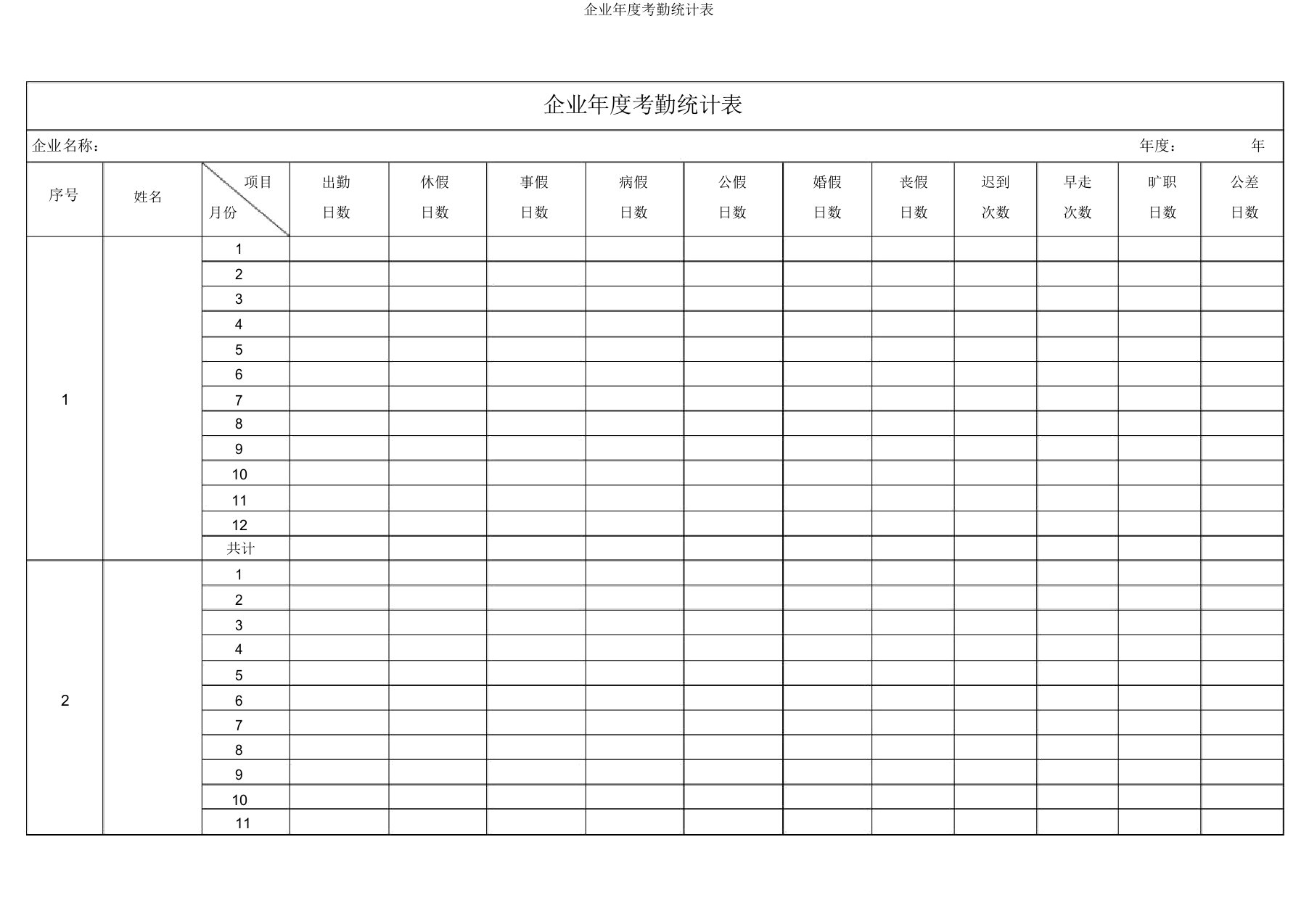 公司年度考勤统计表