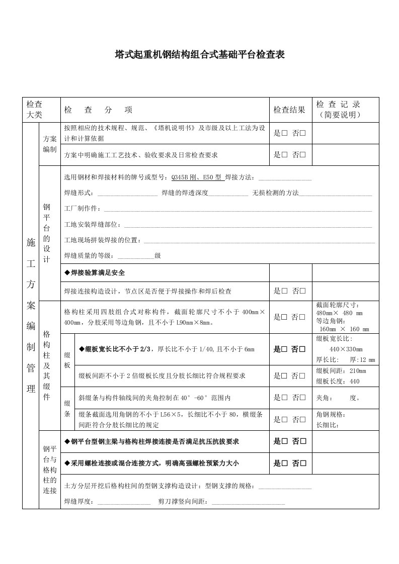 塔式起重机钢结构组合式基础平台检查表