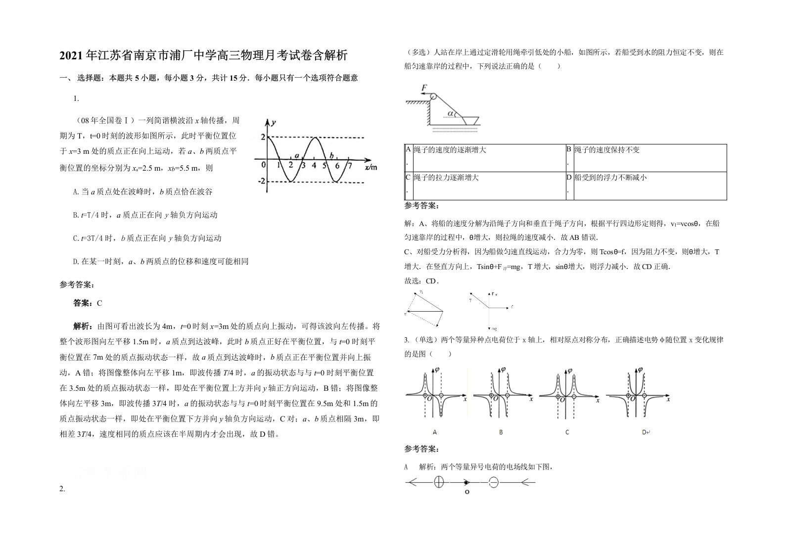 2021年江苏省南京市浦厂中学高三物理月考试卷含解析