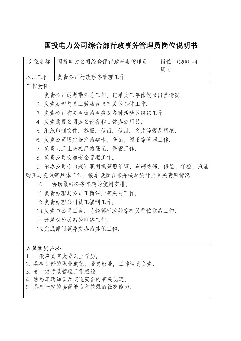 电力行业-国投电力公司综合部行政事务管理员岗位说明书