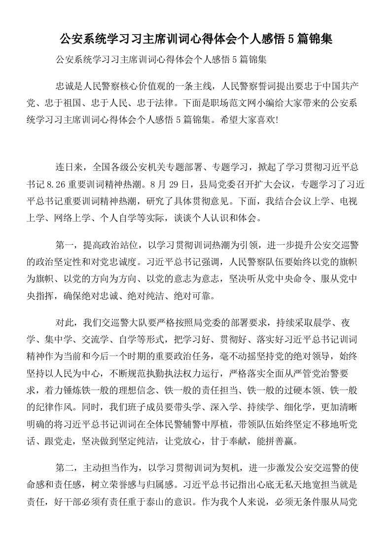 公安系统学习习主席训词心得体会个人感悟5篇锦集