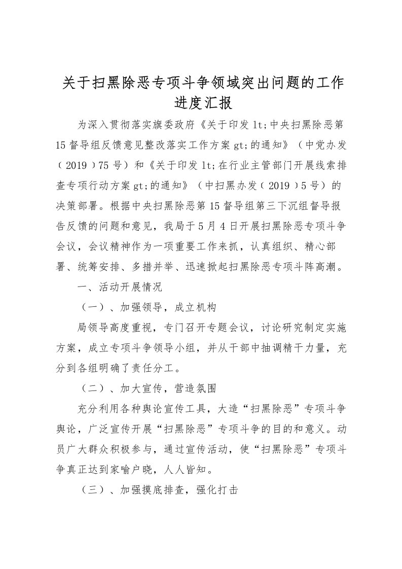 2022关于扫黑除恶专项斗争领域突出问题的工作进度汇报