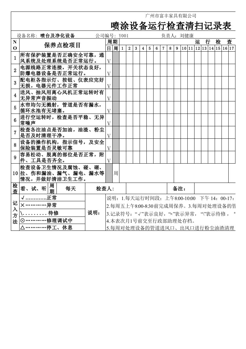 喷涂设备运行清扫记录