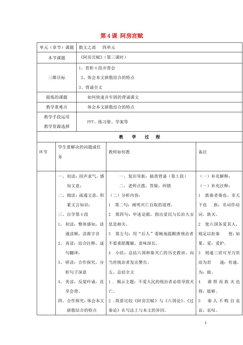 陕西省安康市石泉县高中语文第四单元创造形象诗文有别第4课阿房宫赋教案6新人教版选修中国古代诗歌散文鉴赏