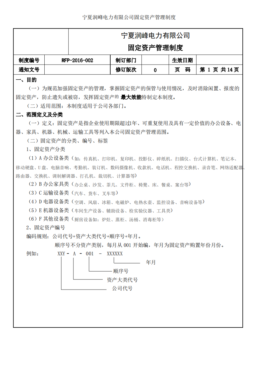 宁夏润峰电力有限公司固定资产管理制度