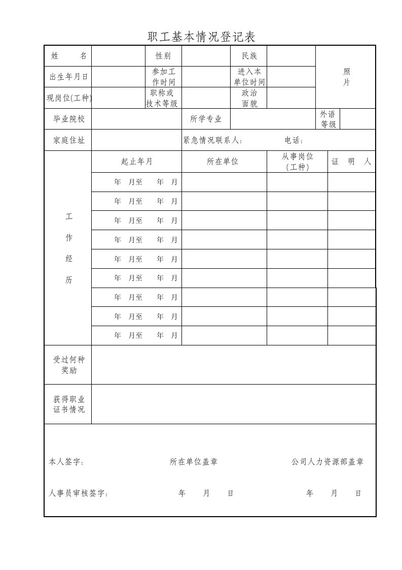 职工基本情况登记表和填写要求范例