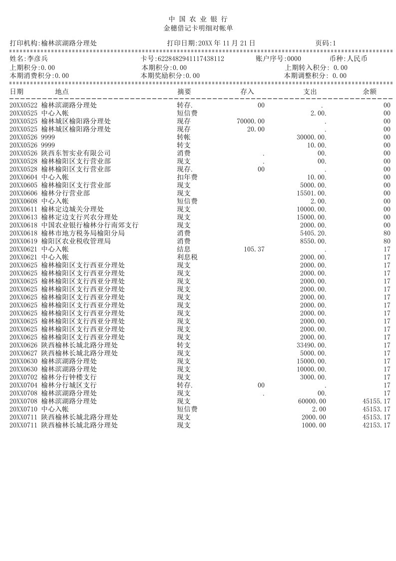 中国农业银行流水单