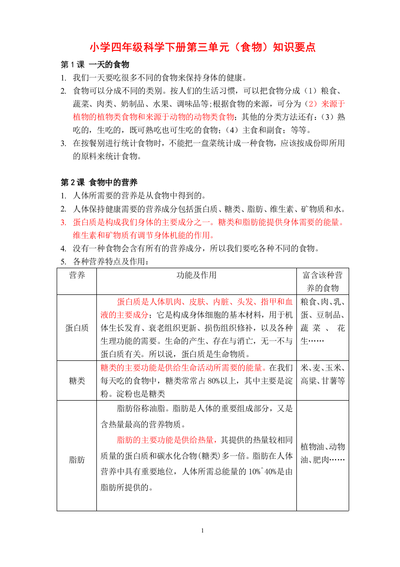 (完整版)小学四年级科学下册第三单元(食物)知识要点