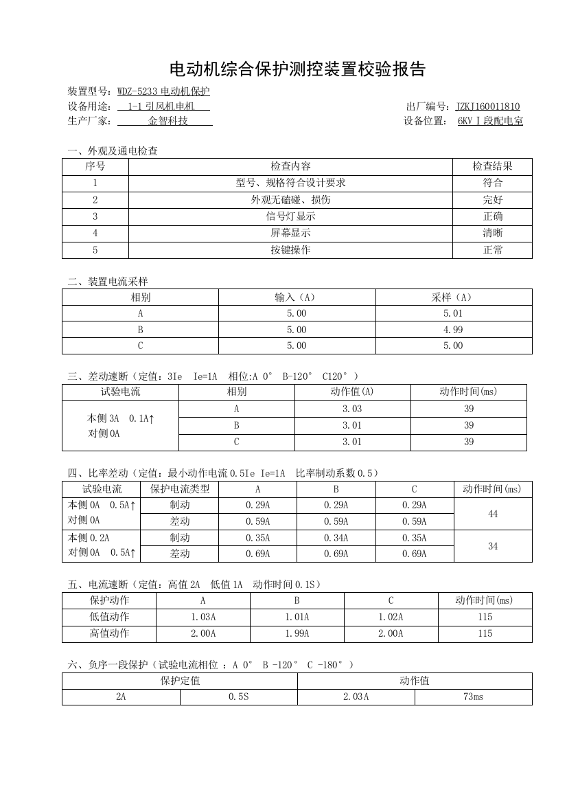 电动机综合保护测控装置校验报告1