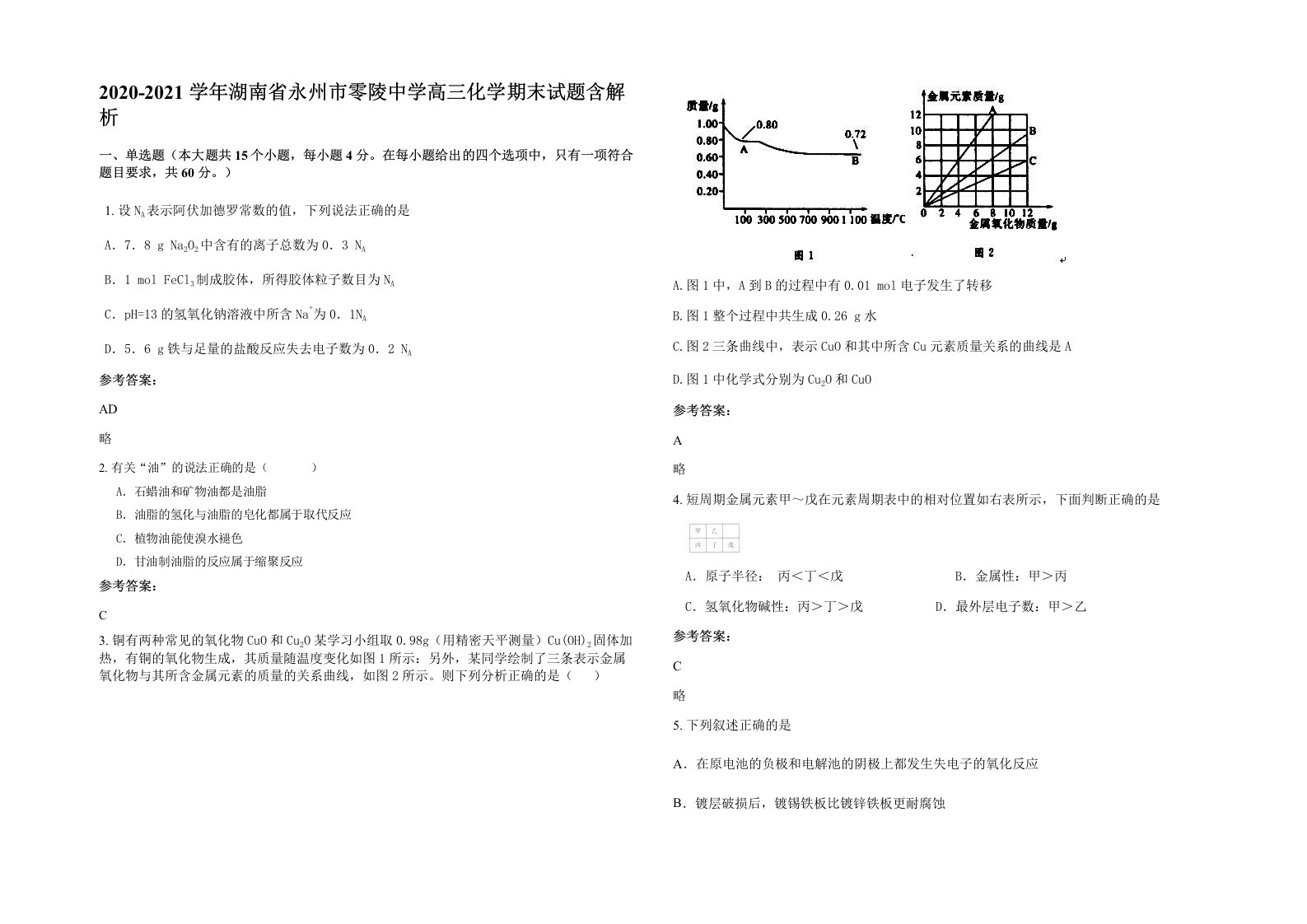 2020-2021学年湖南省永州市零陵中学高三化学期末试题含解析