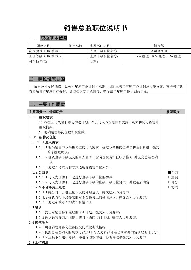 销售总监岗位职责及任职要求范本