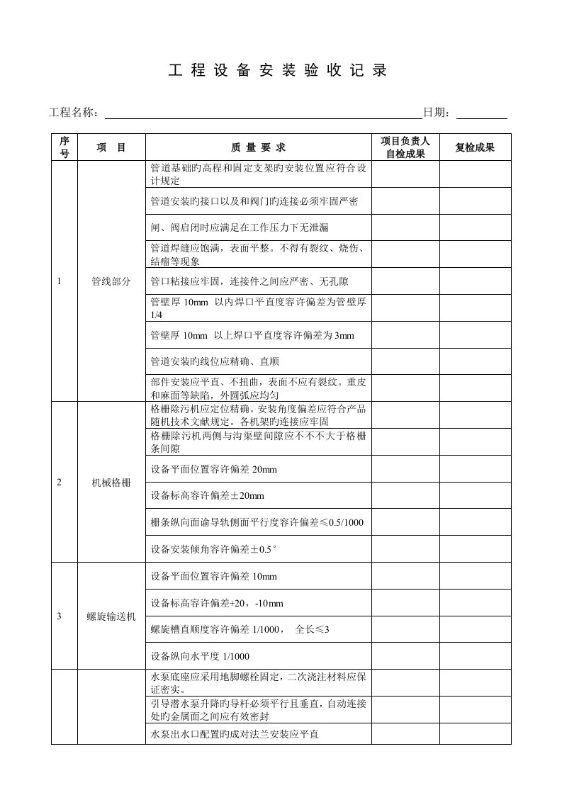 污水处理工程设备安装验收记录